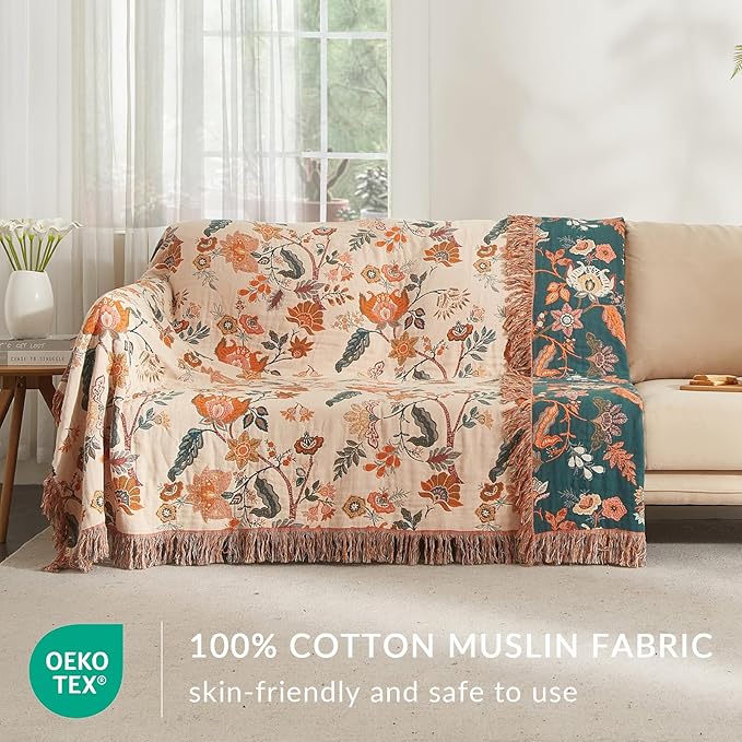 Boho Throw Blanket for Couch Sofa Bed, 100% Cotton Woven Quilt with Tassel 60”x80”, Super Soft Muslin Blanket with Floral Printed, Decorative Reversible Bed Blanket/Cover for All Seasons