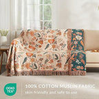 Boho Throw Blanket for Couch Sofa Bed, 100% Cotton Woven Quilt with Tassel 90”x98”, Super Soft Muslin Blanket with Floral Printed, Decorative Reversible Bed Blanket/Cover for All Seasons