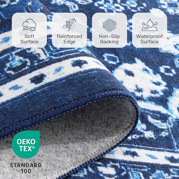 Lofus 9x12 Area Rugs for Living Room, Machine Washable Non-Slip Area Rug, Low Pile Large Rugs for Bedroom, Kitchen, Dining Room, Home Office, Vintage Oriental Print Rug, Dark Blue with White