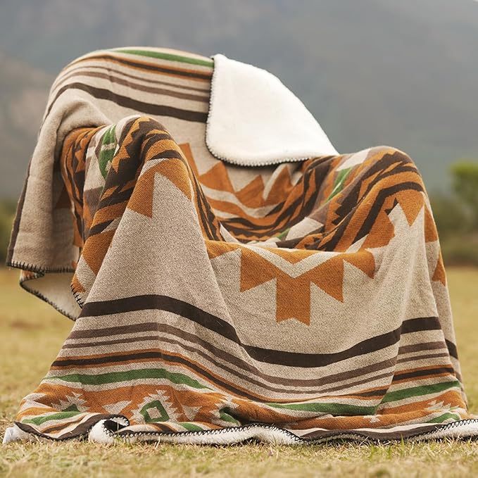Aztec Throw Blanket with Soft Sherpa Lining, Traditional Southwestern Navajo Tribal Style Warm Throw for Camping, Outdoor, Cozy Boho Blanket for Couch, Sofa, Bed, 50"x60", Yellow