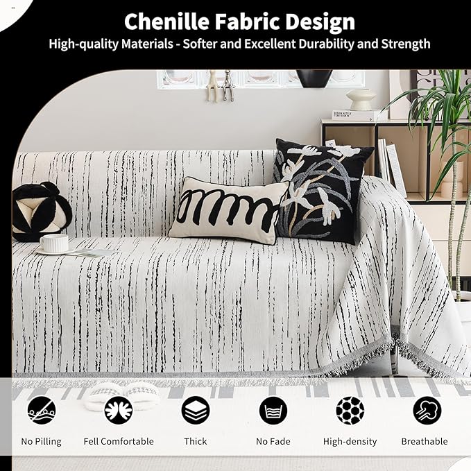 Chenille Couch Cover Pet Friendly, Sofa Cover Washable, Reversible Sofa Slipcover for Sectional Sofa, Loveseat, 2 or 3 Cushion Couch, Corner Sofa, Futon Cover (71" X 150", White)