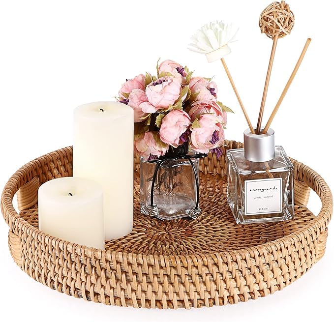 Hipiwe 10" Round Rattan Serving Tray with Handles, Hand-Woven Decorative Organizer Tray for Storage Breakfast Drinks Snack, Centerpiece Fruit Basket for Home Decoration, Small