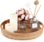 Hipiwe 10" Round Rattan Serving Tray with Handles, Hand-Woven Decorative Organizer Tray for Storage Breakfast Drinks Snack, Centerpiece Fruit Basket for Home Decoration, Small