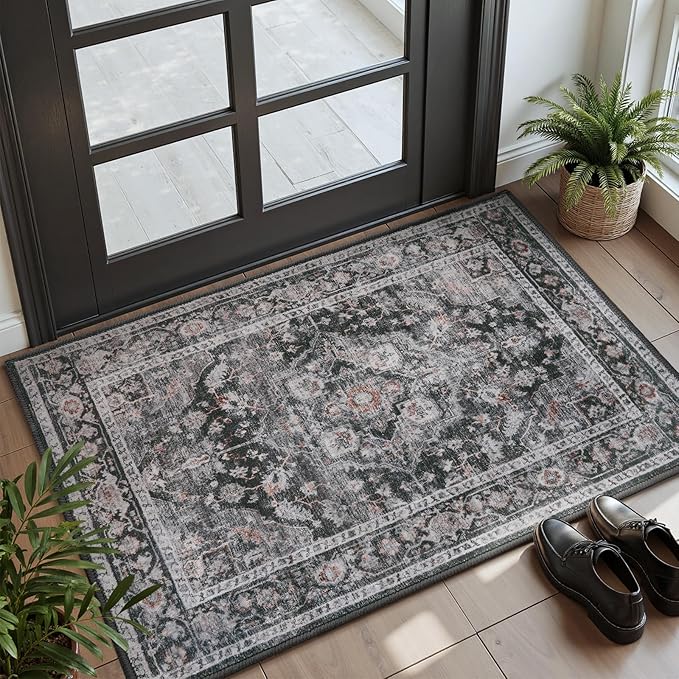 AMOAMI-2X3 Small Rug-Washable Rugs Entryway Mat Indoor-Soft Vintage Non Slip Rugs for Kitchen Laundry Room Bathroom Dark Grey & Black Decorative Accent Rug for in Front of Sink 24 Inch x36 Inch