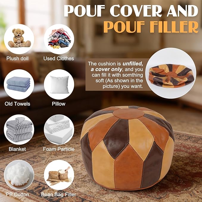 Bohemian Stuffed Moroccan Leather Pouf Ottoman with Storage, Handmade Round Multi-Use Footstool Ottoman for Living Room, Bedroom, Morrocan Leather Pouf Moroccan Pouffe, Bohemian Home Decor