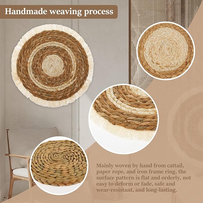 7 Pack Boho Wall Basket Decor,Seagrass Rattan Wicker Boho Wall Decor,Hanging Woven Wall Basket Decor,Round Flat Seagrass Baskets Wall Art, Round Wall Art for Farmhouse Bedroom Living Room Display
