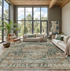9x12 Area Rug for Living Room Bedroom, Extra Large Washable Rug, Green Vintage Retro Boho Rug, Non Slip & Low Pile Faux Wool Carpet for Indoor Dining Room and Kids Room(Green/Brown 9x12ft)