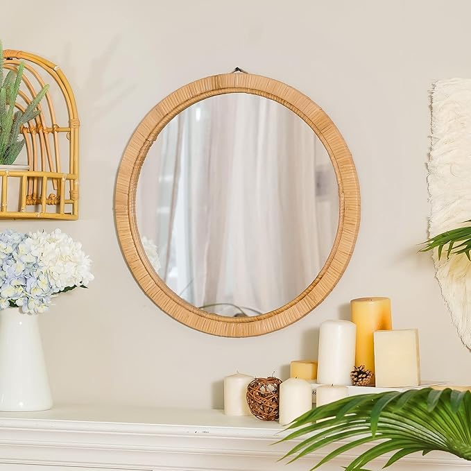 Rattan Wall Mirror - 20" Boho Round Bathroom Mirror Decorative Farmhouse Circle Mirror for Vanity Entryway Living Room Wall Decor