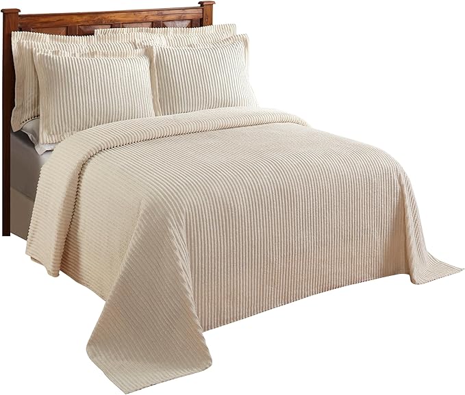Better Trends Chenille Bedspreads Twin Size, Ivory 100% Cotton Chenille Stripe Design Tufted Bedding Coverlet Soft Lightweight, 96"x110" with 1 PC Sham 2 Pieces Set Jullian Collection