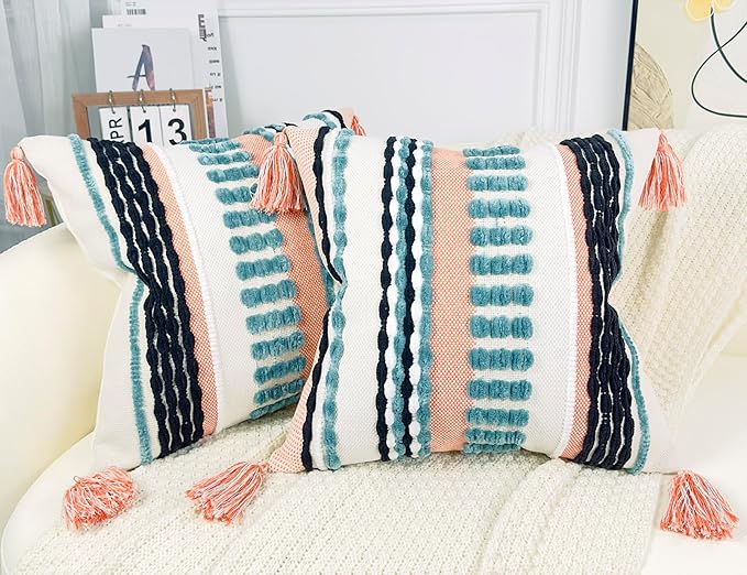 Boho Throw Pillow Covers 16x16 Aesthetic Neutral Boucle Couch Pillow Cover Rainbow Striped Decorative Accent Pillow Case for Couch Bed Sofa Farmhouse Bedroom,Modern Funky,Set of 2 Turquoise