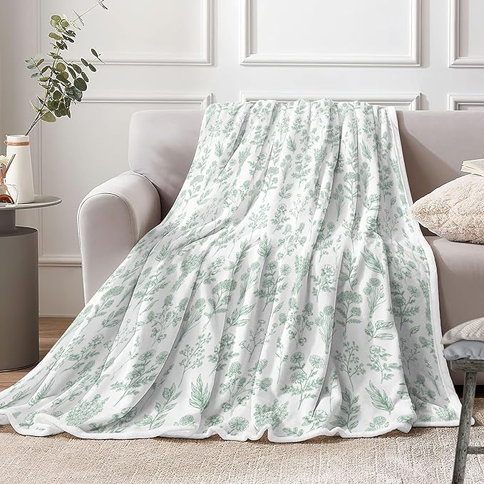 Floral Fuzzy Blanket Green Floral Throw Blanket, Botanical Flowers Blankets, Soft, Flannel, Warm, Boho Flowers Bed Blankets All Season for Couch Bedroom Living Room 50X70 Inch