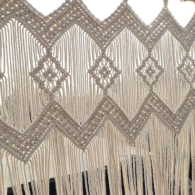 Macrame Doorway Curtains Wall Hanging Window Curtain Panels Closet Room Divider Boho Wedding Decor Backdrop Macrame Valance Boho Kitchen Valance (Ivory White, 33.4''W x 35.4''H)