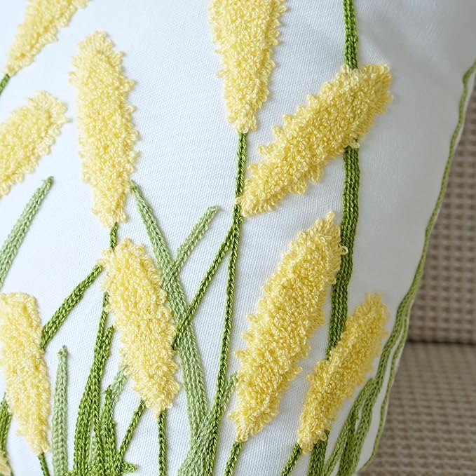 vctops Farmhouse Pampas Grass Cotton Tufted Throw Pillow Cover Boho Embroidery Pillowcase Soft Square Cushion Case for Sofa Couch Bed Chair (Yellow G,18"x18")