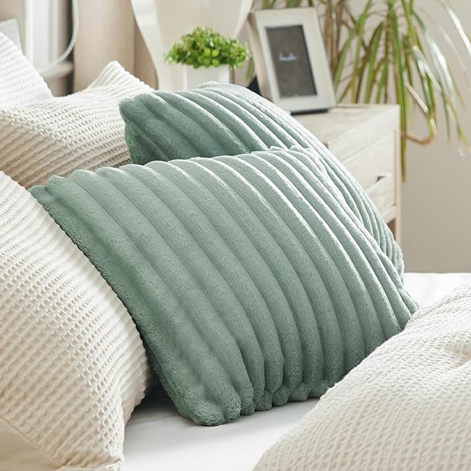 Bedsure Double-Side Striped Throw Pillow Covers 18x18 Set of 2, Spring Fluffy Sage Green Soft Decorative Pillow Covers, Home Decor for Couch Sofa Living Room Bedroom