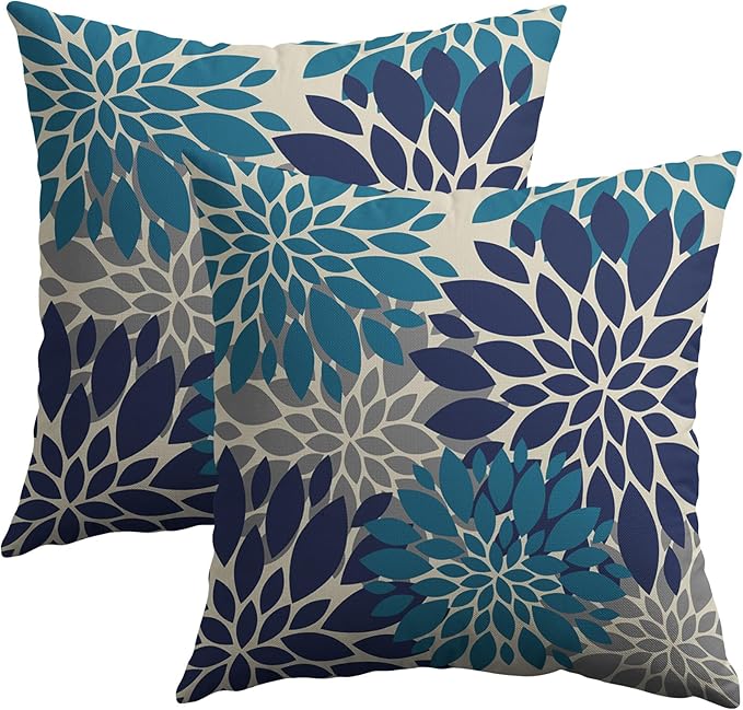 Navy Blue Pillow Covers 18X18 Set of 2, Grey Gray Dahlia Floral Summer Outdoor Decorative Throw Pillow Covers Modern Geometry Art Farmhouse Cushion Case for Couch Sofa Bed Decor