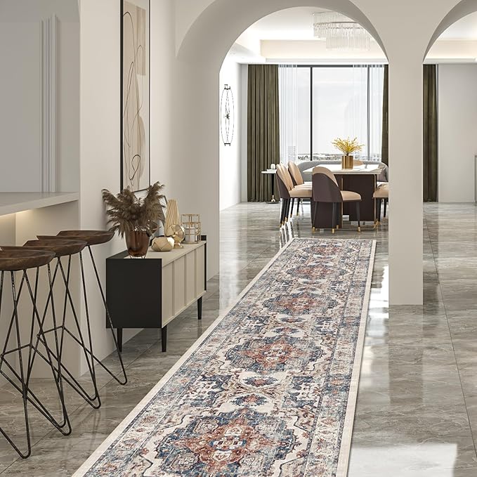 Hallway Washable Runner Rug - 2'6x14 Kitchen Rugs Entryway Rug Runner Vintage Soft Floor Mat Non Slip Indoor Farmhouse Carpet for Bathroom Living Room Bedroom (2'6''x14', Brick)