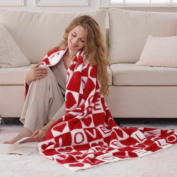 Joiedomi Throw Blanket for Couch Bed Sofa, Knitted Blankets Gifts for Valentine's Day, Cozy Cute Soft Red Throw Home Room Decor Aesthetic for Women Mothers Birthday Gifts 50x60 Inches