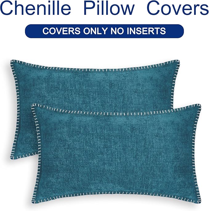 CaliTime Throw Pillow Covers Decorative 12 X 20 Inches Pack of 2 Cotton Thread Stitching Edges Solid Dyed Soft Chenille Cushion Cases for Couch Sofa Bed Living Room Farmhouse Ocean Blue