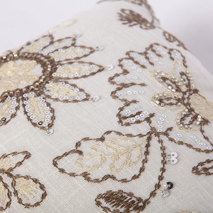 Floral Embroidered Lumbar Throw Pillow Cover 12x 20, Sequin Chinoiserie Flower Neutral Linen Pillow Cushion Cases, Farmhouse Decorative Pillows for Bed, Outdoor Couch White