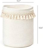 Mkono Macrame Decorative Cotton Rope Basket Boho Nursery Decor Small Cute Woven Tassel Closet Storage Bins Organizer for Baby Toys,Magazines, Potted Plants Cover,Living Room,Bedroom, 15.7"x19.6"