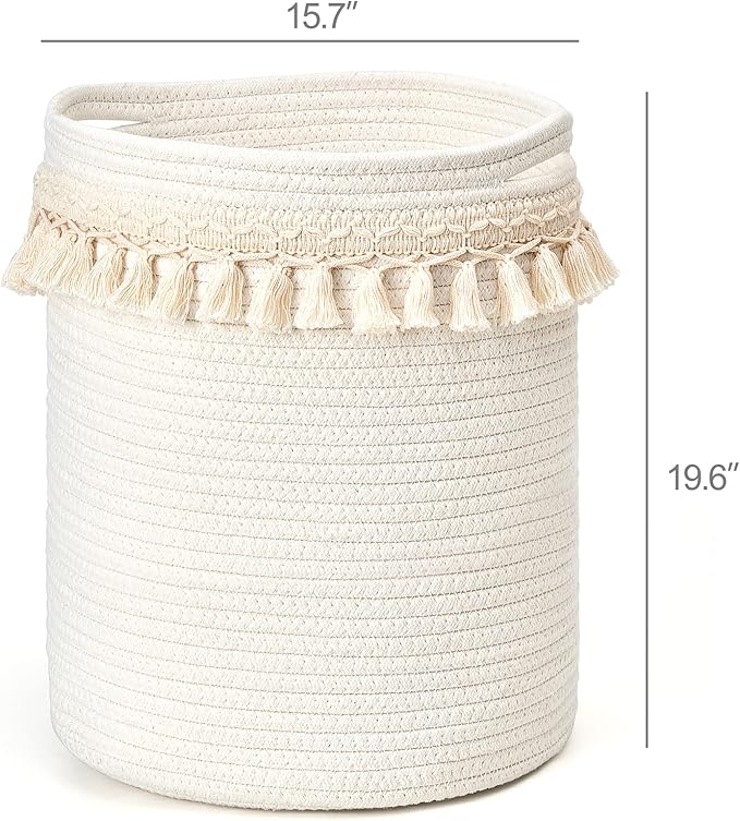 Mkono Macrame Decorative Cotton Rope Basket Boho Nursery Decor Small Cute Woven Tassel Closet Storage Bins Organizer for Baby Toys,Magazines, Potted Plants Cover,Living Room,Bedroom, 15.7"x19.6"