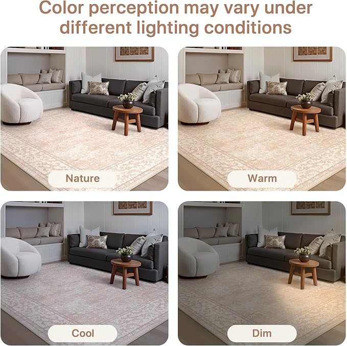 GENIMO 8x10 Washable Area Rug, Non-Slip Vintage Boho Floral Carpet, Soft Low-Pile Thin Living Room Rug for Bedroom, Dining Room, Nursery, Pink White
