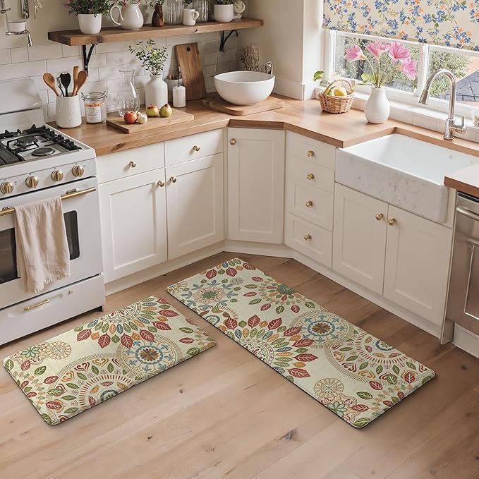 GENIMO Kitchen Mats for Floor 2PCS, Cushioned Kitchen Rugs Non Slip Washable, Farmhouse Anti Fatigue Mat Waterproof, Comfort Standing Mat Rug for Office, Home, Laundry, 17.3"x47"+17.3"x30", Beige&Red