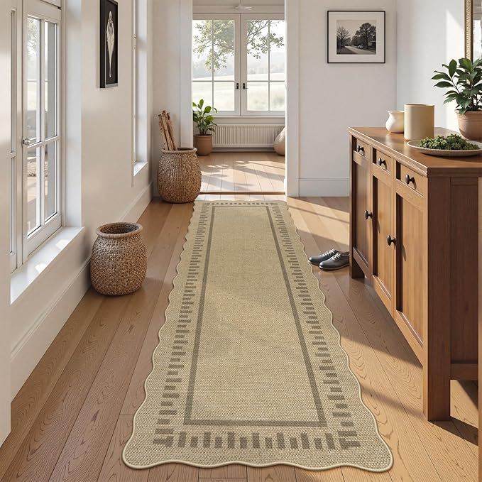 LIVEBOX Scalloped Washable 2x8 Runner Rug, Easy Jute Outdoor Rug Kitchen Tan Rugs for Hallway Entryway, Indoor Non Slip Rugs Farmhouse Geometric Carpet Door Mat for Porch Laundry Room Bedroom Boho