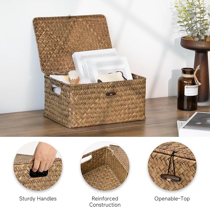 StorageWorks Wicker Baskets with Lid for Organizing, Seagrass Storage Baskets for Shelves, Decorative Box with Built-in Handles, Brown, Medium, 1 Pack
