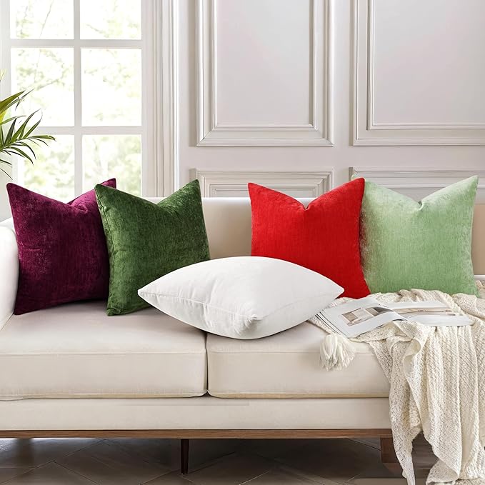 decorUhome Chenille Moss Green Spring Throw Pillow Covers 20x20 Inch Set of 2, Decorative Soft Couch Pillow Covers Solid Dyed Accent Farmhouse Neutral Square Pillow Cases for Sofa