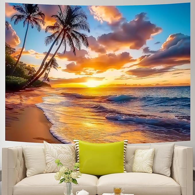 AOHMPT Ocean Sunset Tapestry, Beach Evening Sunset Tapestry, Natural Beach Palm Tree Landscape Poster, Seaside Landscape Wall Hanging for Bedroom, Dorm Room and Living Room Wall Decor 79" L x 59" W