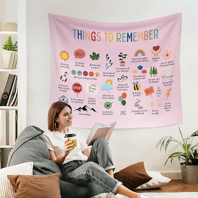 WARDOS Mental Health Pink Tapestry, Things to Remember Inspirational Tapestry Wall Hanging, Positive Affirmation Psychology Wall Blanket Decor for Therapy Calming Office Classroom, 50x60 Inch