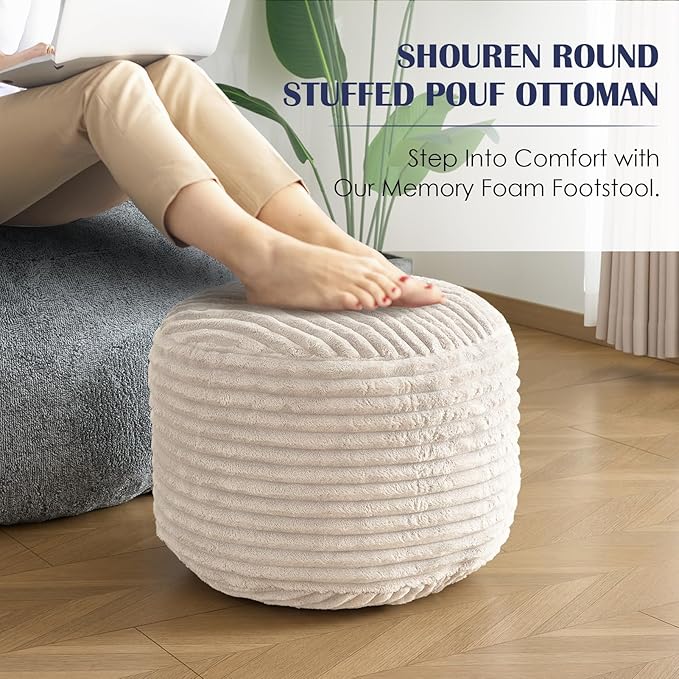 SHOUREN Stuffed Round Pouf Ottoman,Corduroy Foot Rest with Shredded Foam Filling, Lightweight and Fluffy Pouf Storage Ottoman for Living Room,Floor Poufs for Couch,20"x15", Beige