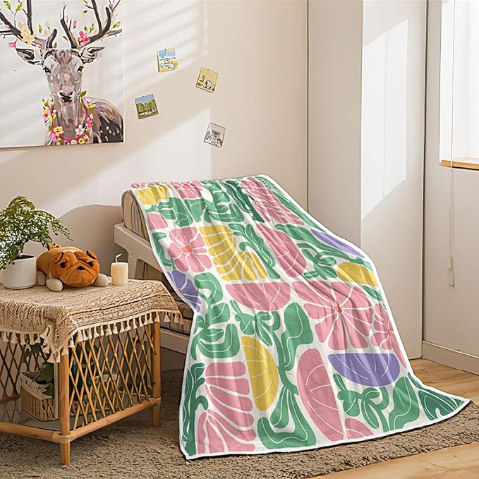 Boho Abstract Colorful Floral Throw Blanket, Vintage Retro Patchwork Purple Green Flower Botanical Geometric Aesthetic Groovy Flannel Throw Blanket for Chair Bed Sofa Couch, 60X70IN