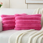 FUTEI Hot Pink Decorative Throw Pillow Covers 12x20 Inch Set of 2, Square Soft Faux Rabbit Fur Thick Striped Lumbar Pillow Case,Spring Home Decor for Couch Bed Living Room