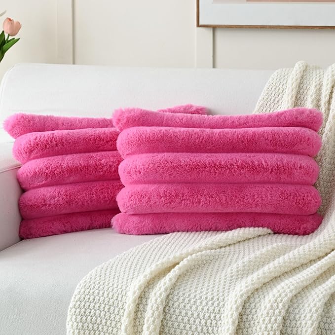 FUTEI Hot Pink Decorative Throw Pillow Covers 12x20 Inch Set of 2, Square Soft Faux Rabbit Fur Thick Striped Lumbar Pillow Case,Spring Home Decor for Couch Bed Living Room