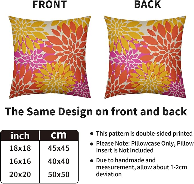 Yellow Orange Pink Pillow Covers 22X22 Inch Set of 2, Modern Dahlia Floral Print Decorative Throw Pillow Covers Outdoor Farmhouse Cushion Case for Home Couch Sofa Bed Decoration