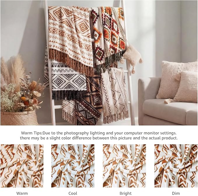CASAAGUSTO Boho Throw Blanket - Terrcotta Decorative Blankets with Tassel, Printed Flannel Bohemian Blanket for Chair, Bed, Sofa, Couch(50 * 60, Terrcotta)