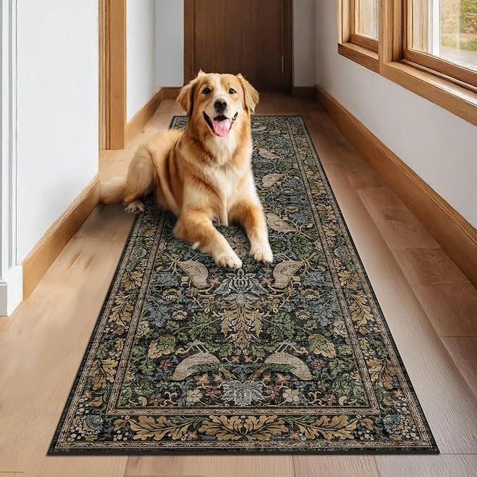 Vintage Runner Rugs for Hallways - 2'6"x8' Wide Kitchen Runners, Entryway Rug, with Flowers and Leaves, Washable Non Slip Low Pile