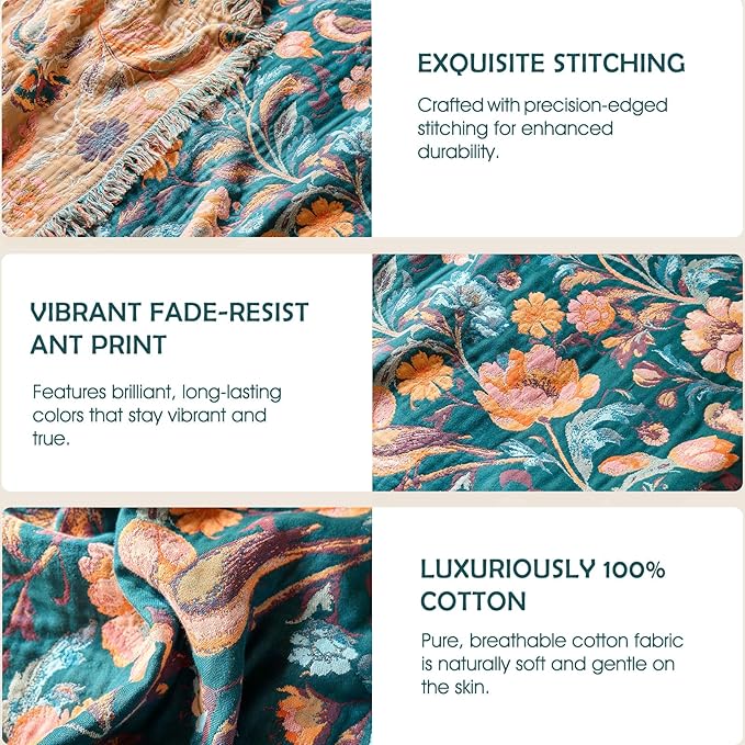 Boho Throw Blanket - 100% Cotton Ultra Soft Muslin Blanket, 50"x60" Lightweight Floral Bird Framhouse Bedding Spring Blanket for Bed, All Season Green Bohemian Bedroom Home Decor Quilt
