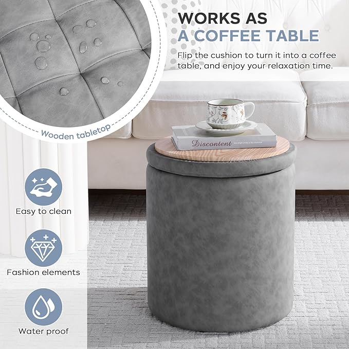 12.6" W x 14.17" H & 14.76" W x 17.32" H Storage Ottoman Foot Stool for Couch, Nesting Round Vanity Stools Padded Ottomen, Leather Set of 2 Footrest for Living Room,Grey