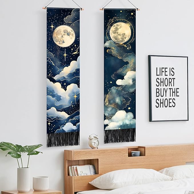 AOHMPT Pack of 2 Long Vertical Tapestry,Nature Landscape Tapestry with Serene Mountain River, Moon & Sun Motifs,Traditional Ink Painting Wall Art , Zen Aesthetic Wall Hanging for Living Room Bedroom Decor 13" W x 51" H"