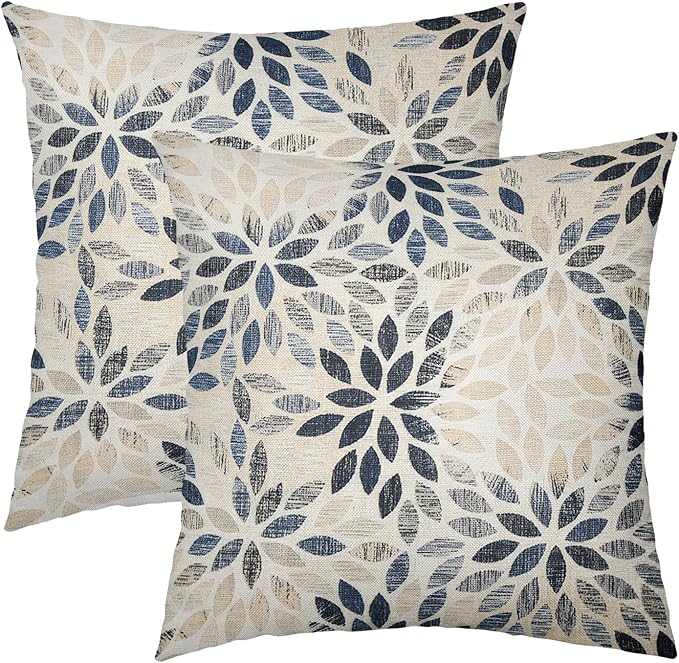 Kawani Navy Blue Dahlia Throw Pillow Covers 22x22 Inch Rustic Geometric Flower Decorative Square Pillow Cases Beige Tan Gray Floral Cushion Covers Farmhouse Home Decor for Sofa Couch Outdoor Set of 2