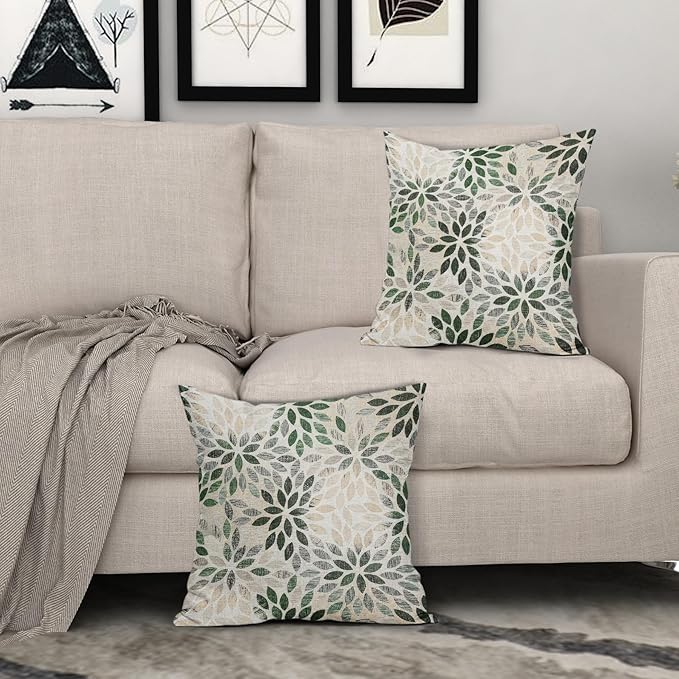 Kawani Green Dahlia Throw Pillow Covers 22x22 Inch Rustic Geometric Flower Decorative Square Pillow Cases Beige Tan Gray Floral Cushion Covers Farmhouse Home Decor for Sofa Couch Outdoor Set of 2