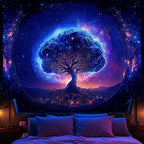 Avinyl Blacklight Tree and Space Tapestry for Bedroom, Aesthetic Cool Black Light Tree of Life Tapestries for Girl, Fantasy Stars Galaxy Wall Hanging for Living Room Teen Dorm Christmas Festival Decor (60" x 79")