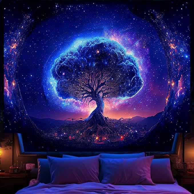 Avinyl Blacklight Tree and Space Tapestry for Bedroom, Aesthetic Cool Black Light Tree of Life Tapestries for Girl, Fantasy Stars Galaxy Wall Hanging for Living Room Teen Dorm Decor (51" x 60")