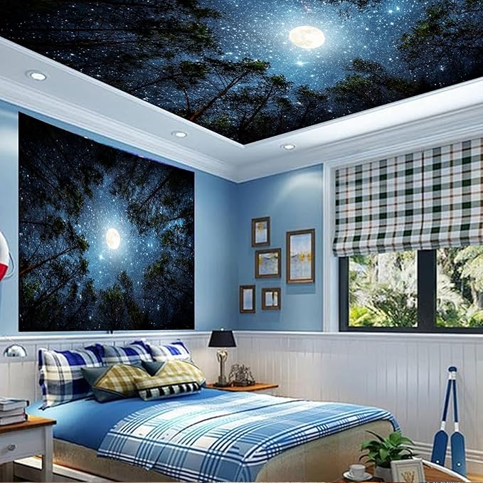 Apdidl Forest Galaxy Starry Tapestry for Bedroom Ceiling, Blue Space Night Starry Sky Moon Stars Tapestry Aesthetic, Tree Forest Milky Way Backdrop Wall Hanging for Dorm Living Room Decor (36" X 48")