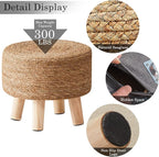 Cpintltr Foot Stool Natural Seagrass Hand Weave Poufs Round Ottoman for Couch Desk Soft Step Stool Padded Foot Rest with Non-Skid Pine Legs for Hallway Office Lounge Natural