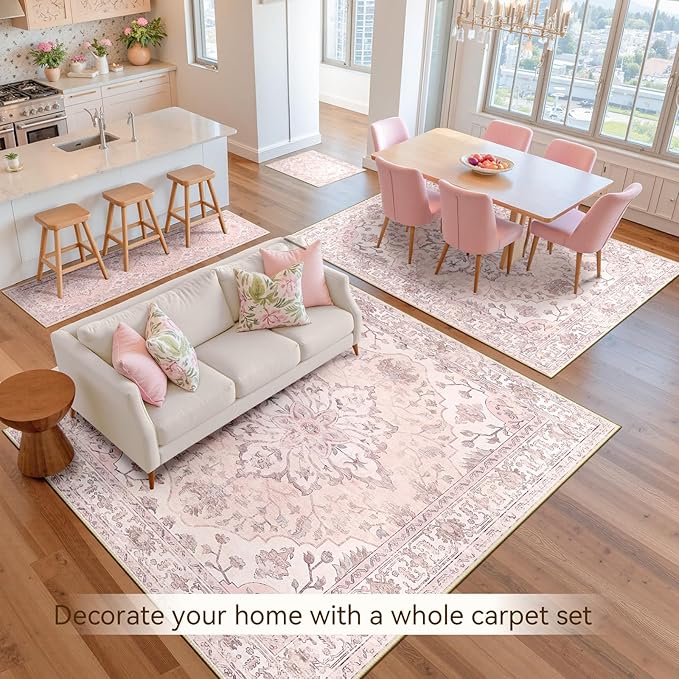 Area Rugs 2'x10' Runner Rug Non Slip Washable for Kitchen Hallway Bedroom Beside Laundry Room Bathroom Rug, Floor Carpet, Pink Greypink Cute