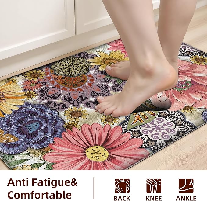 Boho Floral Kitchen Mats for Floor 2PCS Anti Fatigue Mats for Kitchen Floor Cushioned Non Slip Waterproof Memory Foam PVC Kitchen Rugs Set for Sink,Office,Laundry 17.3"x28"+17.3"x47"